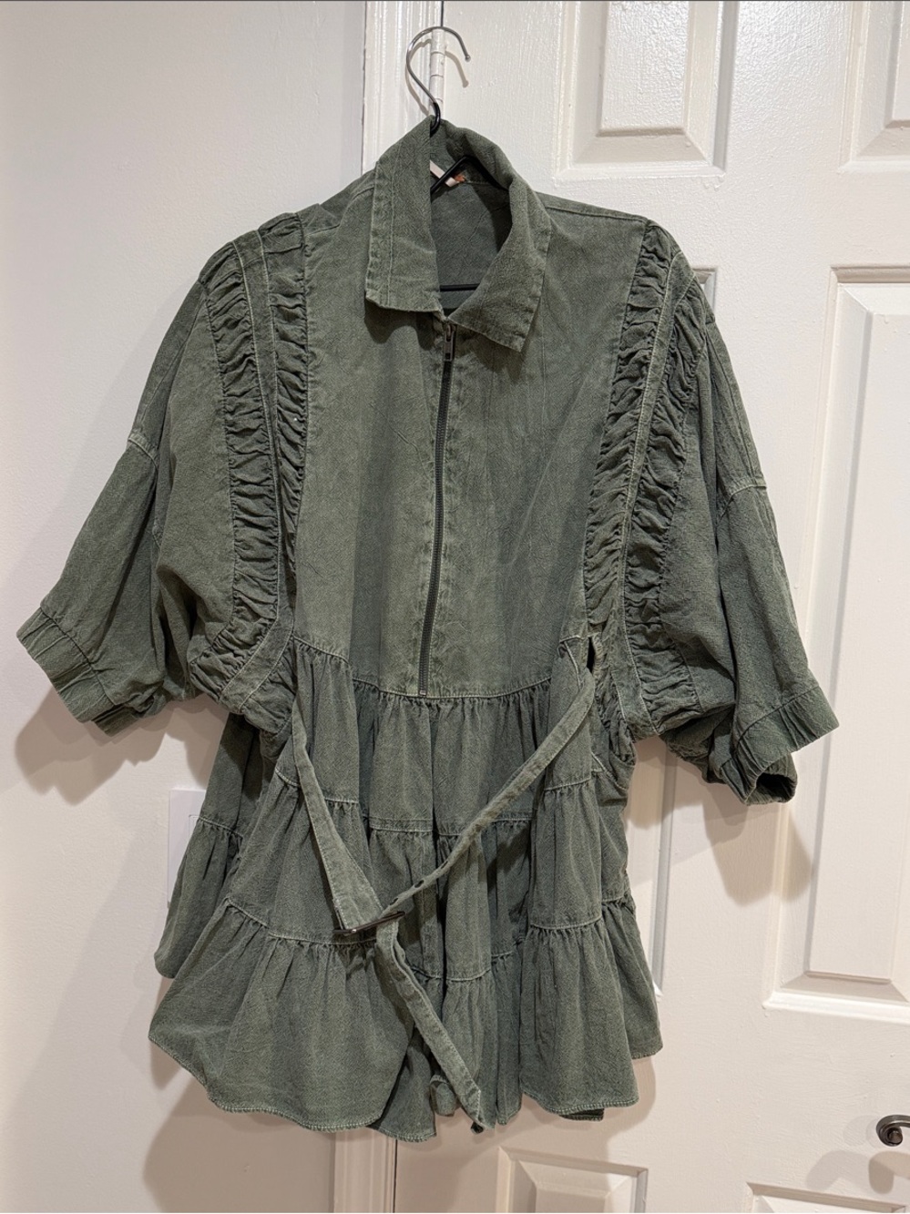 Free People Olive Green Ruffled Zip-Front Peplum Tunic